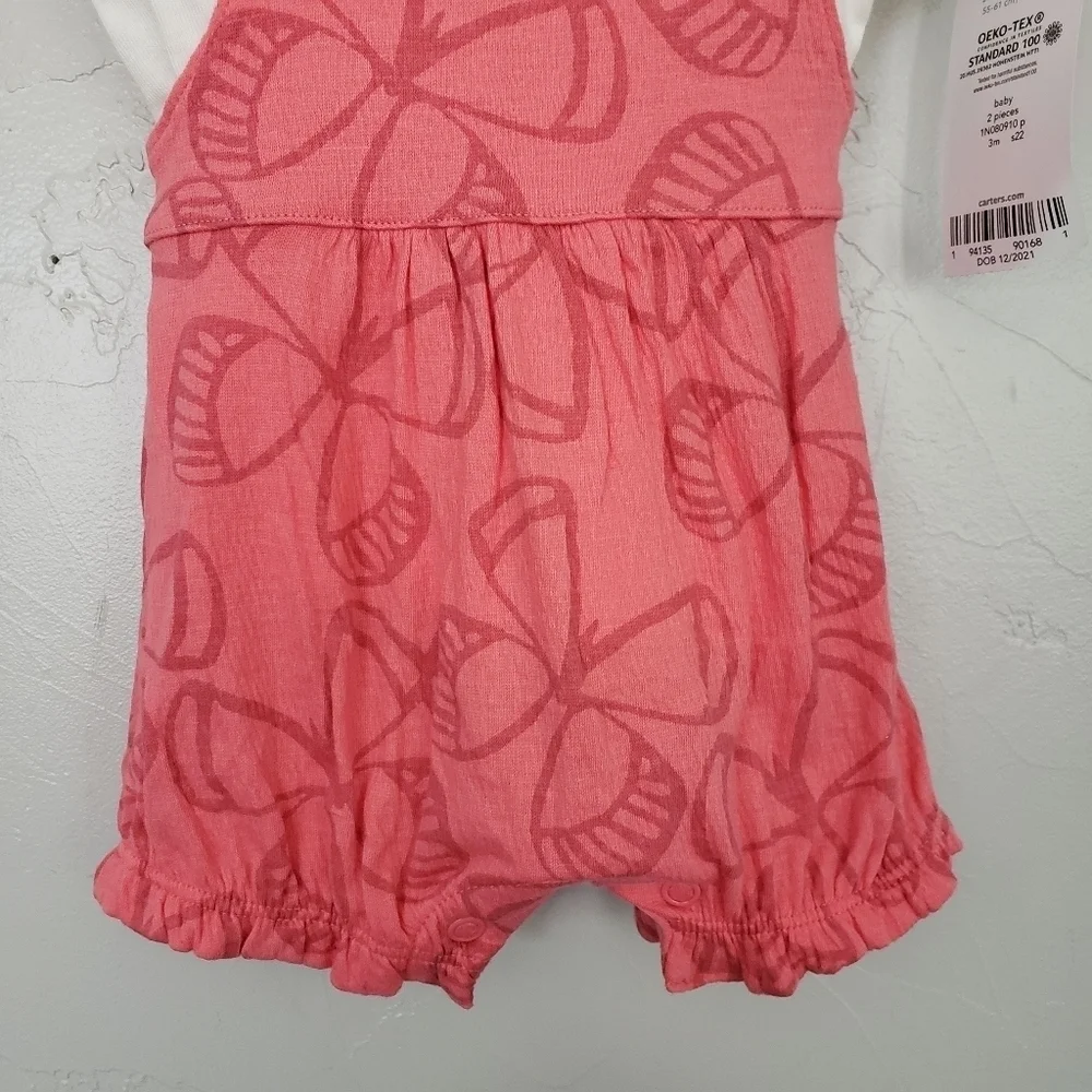 Carter's NWT Baby Girl 3 Month Outfit Pink Butterfly Overalls White Ribbed Top - Picture 4 of 5